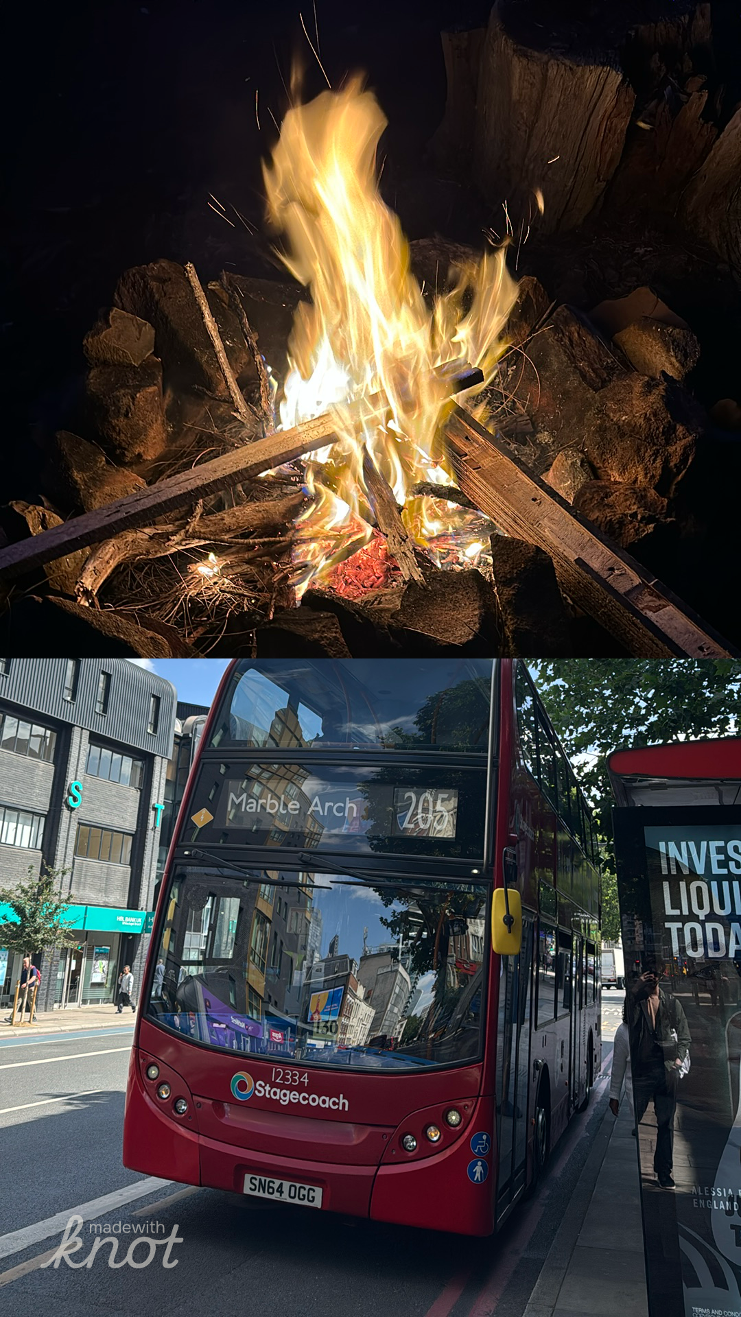 A completed knot collage split into two photo halves, responding to the prompt 'a colour that describes your day so far'. The top half shows a bonfire, the bottom half shows a red double decker bus.