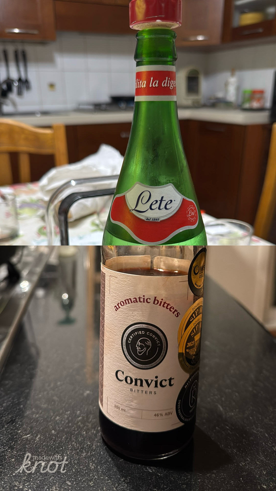 A completed knot collage split into two photo halves, responding to the prompt "what are you drinking?". The top half shows a green bottle of Lete water, the bottom half shows a bottle of Convict Bitters.