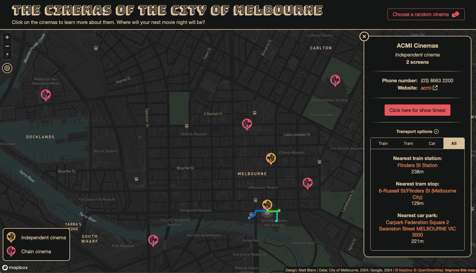 &ldquo;An image showing a map of the city of Melbourne. Cinemas are shown with a small icon of a movie projector and a bucket of popcorn, with different background colours showing whether the cinema is independent or a chain. A side panel is open showing the information for ACMI cinemas, with routes visible on the map for the nearest tram stop, train station, and car park