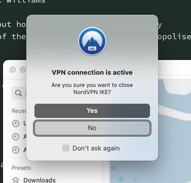 an image of the 'close' popup from the NordVPN app on mac