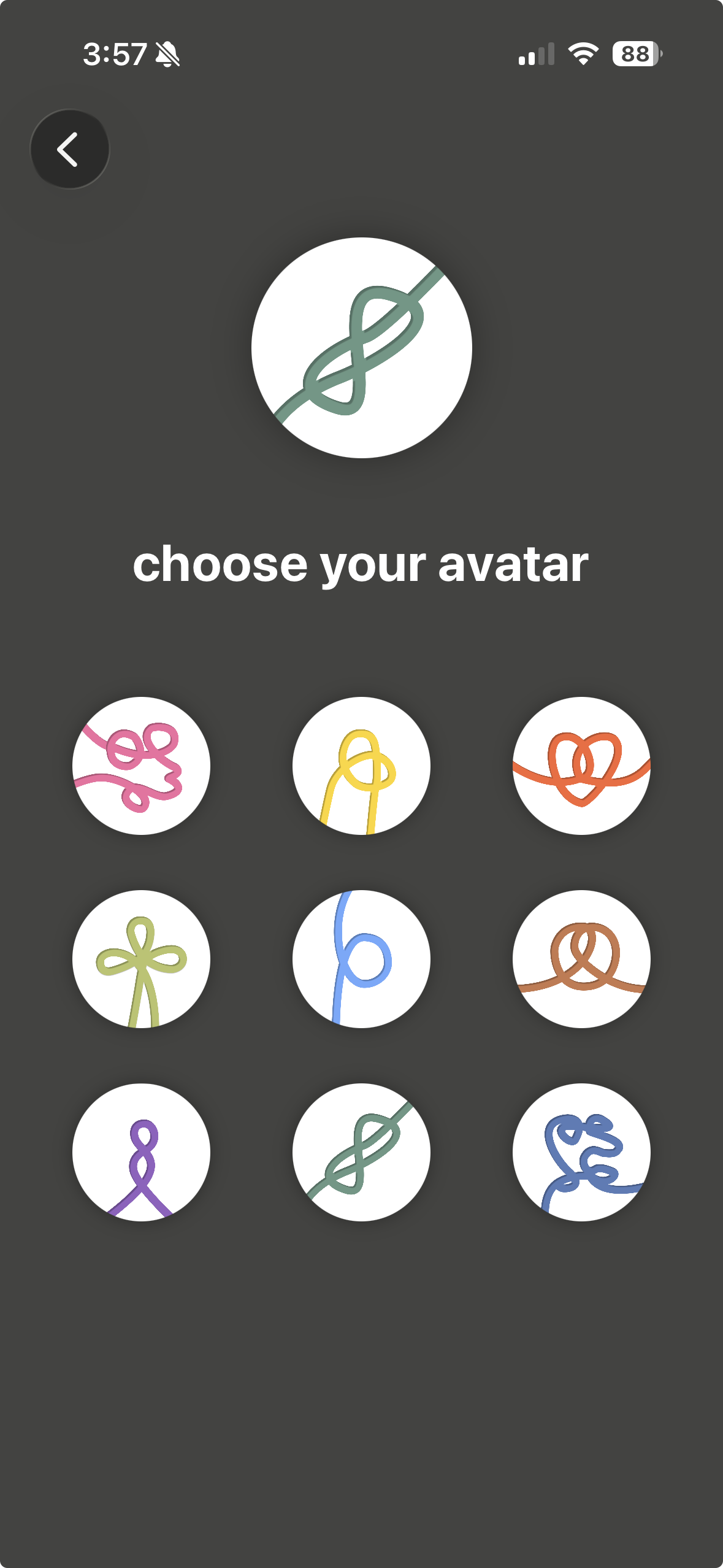 A screenshot of the app showing 6 colourful "knot" avatar options