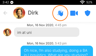 image showing an extra button in the tinder chat window which looks like the &lsquo;waving hand&rsquo; emoji